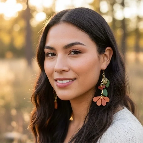 Handcrafted artisan leather earrings featuring leaves and flowers - Picture 4 of 8